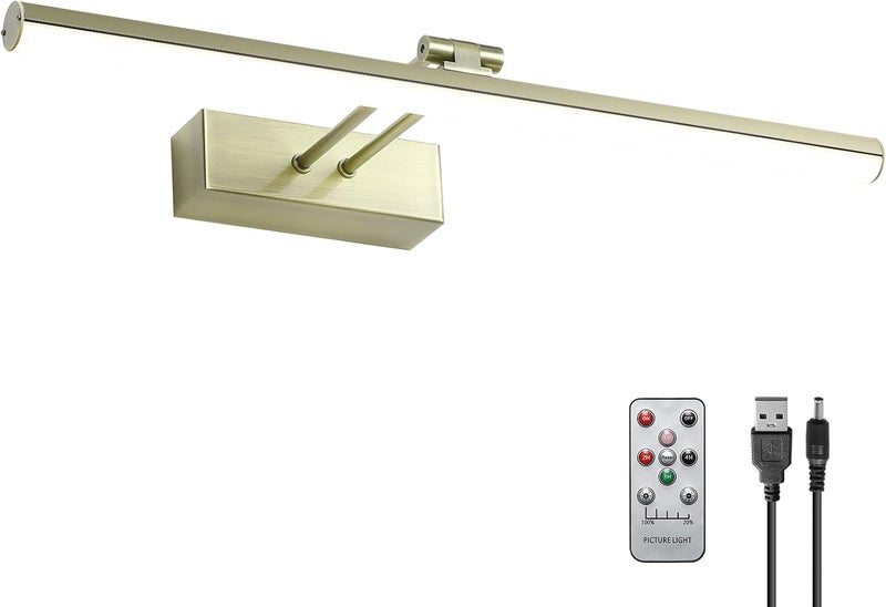 HOWMZON Picture Light,Battery Operated Picture Light with Remote, 16" Metal Art Light for Paintings,Rechargeable Display Lighting of Wall,Portrait,Gallery,Artwork(Antique Brass) - Image 1
